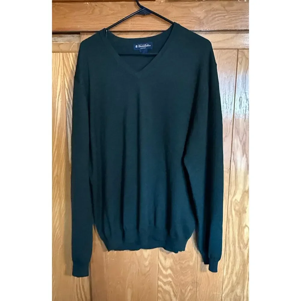Vintage Brooks Brothers Dark Green Merino Wool V-Neck Sweater - XL